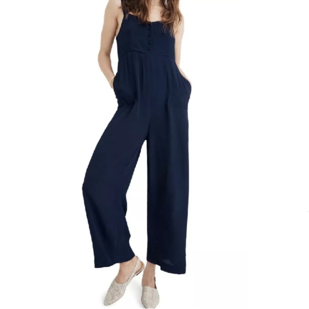 Madewell Navy Blue Smocked Button-Front Crop Jumpsuit - Picture 3 of 14
